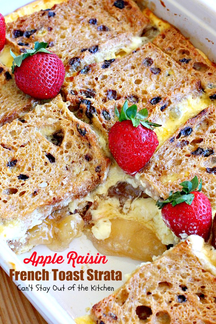 Apple Raisin French Toast Strata | Can't Stay Out of the Kitchen | This amazing #breakfast #casserole is divine! It uses #creamcheese #applepiefilling & #glutenfree cinnamon raisin #bread. Great for #holiday breakfasts.