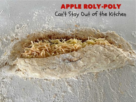 Apply Roly-Poly | Can't Stay Out of the Kitchen | #AppleRolyPoly is one of the best #desserts you'll ever sink your teeth into. This #cobbler-type #dessert rolls up like #PieCrust & is sliced into #pinwheels. It has a #cinnamon #syrup poured over top before #baking. The result has a #cake-like texture & is beyond spectacular. Excellent served with #IceCream. #apples #AppleDessert #AppleCobbler