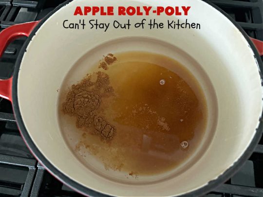 Apply Roly-Poly | Can't Stay Out of the Kitchen | #AppleRolyPoly is one of the best #desserts you'll ever sink your teeth into. This #cobbler-type #dessert rolls up like #PieCrust & is sliced into #pinwheels. It has a #cinnamon #syrup poured over top before #baking. The result has a #cake-like texture & is beyond spectacular. Excellent served with #IceCream. #apples #AppleDessert #AppleCobbler