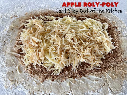 Apply Roly-Poly | Can't Stay Out of the Kitchen | #AppleRolyPoly is one of the best #desserts you'll ever sink your teeth into. This #cobbler-type #dessert rolls up like #PieCrust & is sliced into #pinwheels. It has a #cinnamon #syrup poured over top before #baking. The result has a #cake-like texture & is beyond spectacular. Excellent served with #IceCream. #apples #AppleDessert #AppleCobbler
