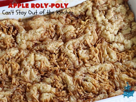 Apply Roly-Poly | Can't Stay Out of the Kitchen | #AppleRolyPoly is one of the best #desserts you'll ever sink your teeth into. This #cobbler-type #dessert rolls up like #PieCrust & is sliced into #pinwheels. It has a #cinnamon #syrup poured over top before #baking. The result has a #cake-like texture & is beyond spectacular. Excellent served with #IceCream. #apples #AppleDessert #AppleCobbler