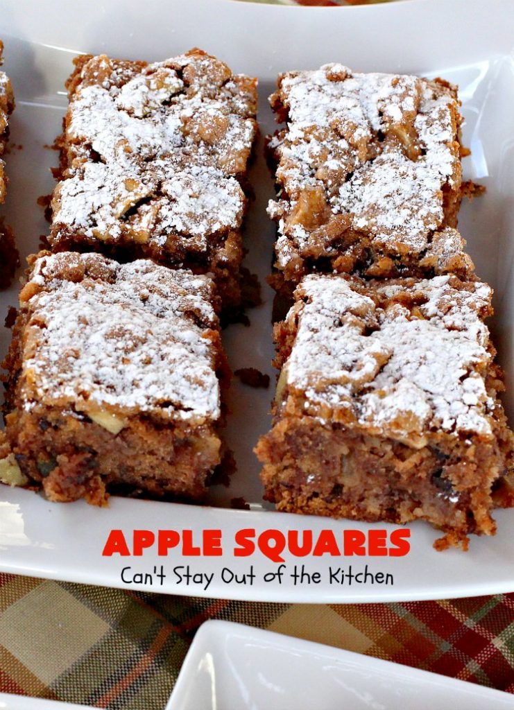Apple Squares | Can't Stay Out of the Kitchen | this delightful #recipe is just in time for #fall harvest! These #AppleSquares just seem to melt in your mouth. They're a wonderful #dessert for any occasion & not difficult to make. #tailgating #FallBaking #apples #Cookies #brownies #baking #HolidayBaking