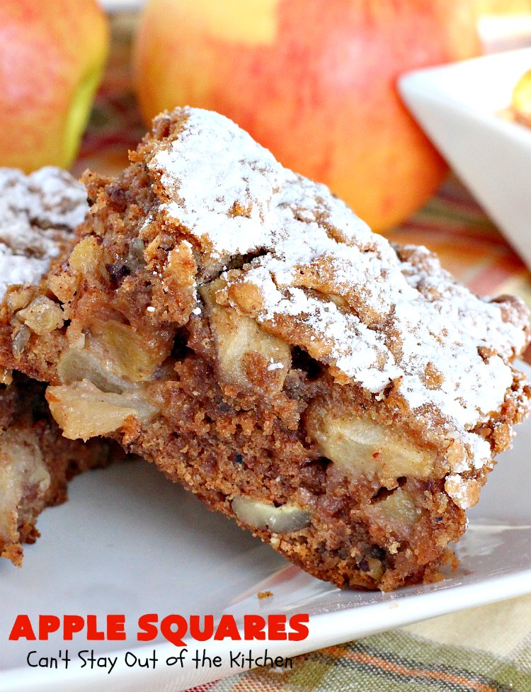 Apple Squares | Can't Stay Out of the Kitchen | this delightful #recipe is just in time for #fall harvest! These #AppleSquares just seem to melt in your mouth. They're a wonderful #dessert for any occasion & not difficult to make. #tailgating #FallBaking #apples #Cookies #brownies #baking #HolidayBaking