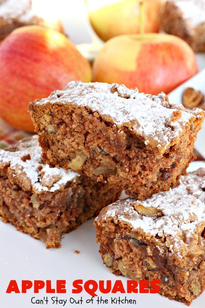 Apple Squares | Can't Stay Out of the Kitchen | this delightful #recipe is just in time for #fall harvest! These #AppleSquares just seem to melt in your mouth. They're a wonderful #dessert for any occasion & not difficult to make. #tailgating #FallBaking #apples #Cookies #brownies #baking #HolidayBaking