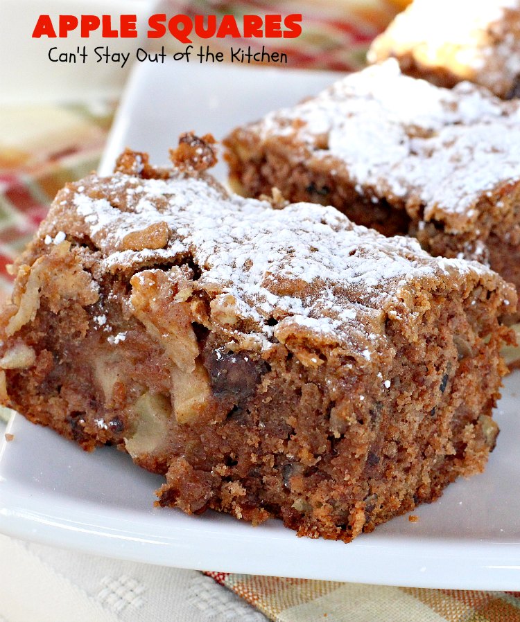 Apple Squares | Can't Stay Out of the Kitchen | this delightful #recipe is just in time for #fall harvest! These #AppleSquares just seem to melt in your mouth. They're a wonderful #dessert for any occasion & not difficult to make. #tailgating #FallBaking #apples #Cookies #brownies #baking #HolidayBaking