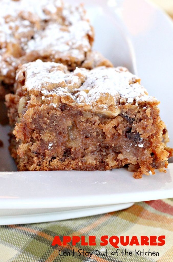 Apple Squares | Can't Stay Out of the Kitchen | this delightful #recipe is just in time for #fall harvest! These #AppleSquares just seem to melt in your mouth. They're a wonderful #dessert for any occasion & not difficult to make. #tailgating #FallBaking #apples #Cookies #brownies #baking #HolidayBaking