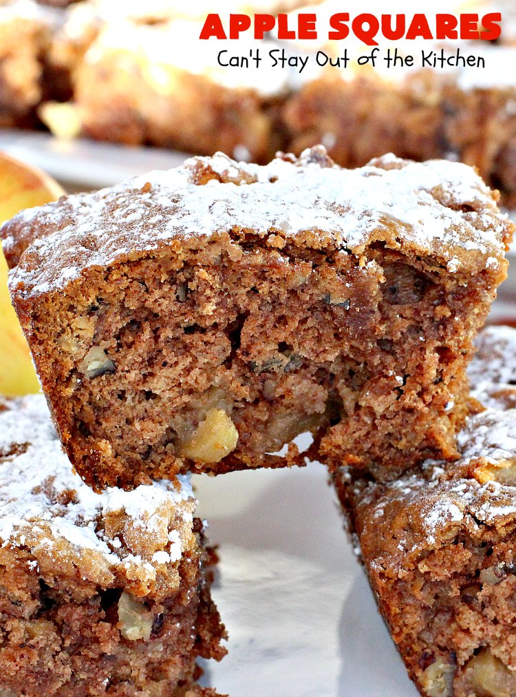Apple Squares | Can't Stay Out of the Kitchen | this delightful #recipe is just in time for #fall harvest! These #AppleSquares just seem to melt in your mouth. They're a wonderful #dessert for any occasion & not difficult to make. #tailgating #FallBaking #apples #Cookies #brownies #baking #HolidayBaking