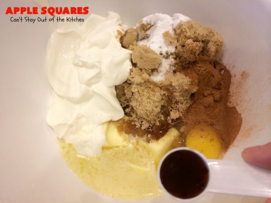 Apple Squares | Can't Stay Out of the Kitchen | this delightful #recipe is just in time for #fall harvest! These #AppleSquares just seem to melt in your mouth. They're a wonderful #dessert for any occasion & not difficult to make. #tailgating #FallBaking #apples #Cookies #brownies #baking #HolidayBaking
