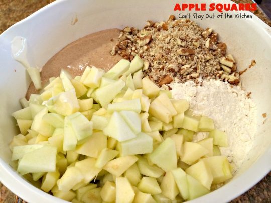 Apple Squares | Can't Stay Out of the Kitchen | this delightful #recipe is just in time for #fall harvest! These #AppleSquares just seem to melt in your mouth. They're a wonderful #dessert for any occasion & not difficult to make. #tailgating #FallBaking #apples #Cookies #brownies #baking #HolidayBaking