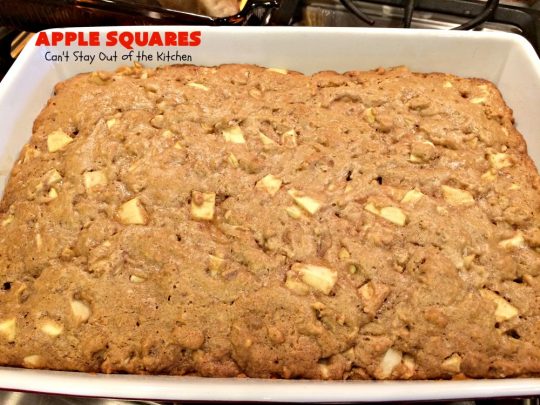 Apple Squares | Can't Stay Out of the Kitchen | this delightful #recipe is just in time for #fall harvest! These #AppleSquares just seem to melt in your mouth. They're a wonderful #dessert for any occasion & not difficult to make. #tailgating #FallBaking #apples #Cookies #brownies #baking #HolidayBaking