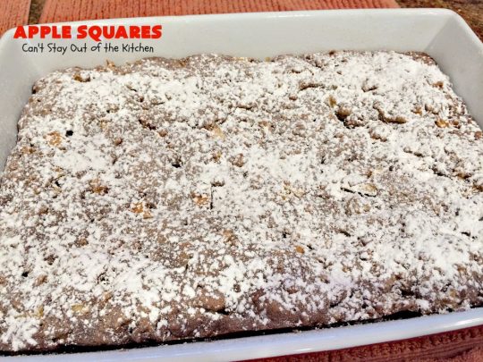 Apple Squares | Can't Stay Out of the Kitchen | this delightful #recipe is just in time for #fall harvest! These #AppleSquares just seem to melt in your mouth. They're a wonderful #dessert for any occasion & not difficult to make. #tailgating #FallBaking #apples #Cookies #brownies #baking #HolidayBaking