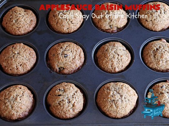 Applesauce Raisin Muffins | Can't Stay Out of the Kitchen | these lovely #muffins are filled with #applesauce, #raisins, #cinnamon & #allspice to give them flavor. Every bite is heavenly. Great for a weekend, company or #holiday #breakfast or #brunch. #apples #ApplesauceRaisinMuffins