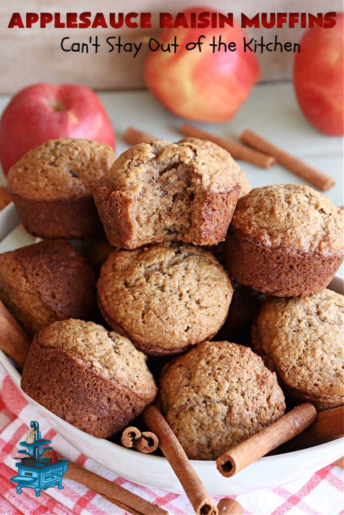 Applesauce Raisin Muffins | Can't Stay Out of the Kitchen | these lovely #muffins are filled with #applesauce, #raisins, #cinnamon & #allspice to give them flavor. Every bite is heavenly. Great for a weekend, company or #holiday #breakfast or #brunch. #apples #ApplesauceRaisinMuffins