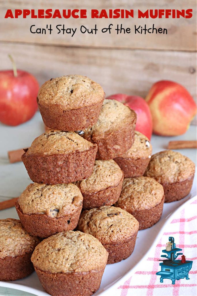 Applesauce Raisin Muffins | Can't Stay Out of the Kitchen | these lovely #muffins are filled with #applesauce, #raisins, #cinnamon & #allspice to give them flavor. Every bite is heavenly. Great for a weekend, company or #holiday #breakfast or #brunch. #apples #ApplesauceRaisinMuffins