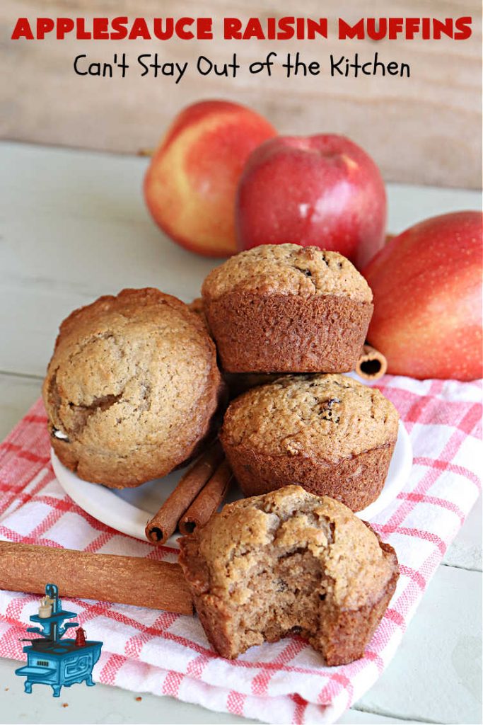 Applesauce Raisin Muffins | Can't Stay Out of the Kitchen | these lovely #muffins are filled with #applesauce, #raisins, #cinnamon & #allspice to give them flavor. Every bite is heavenly. Great for a weekend, company or #holiday #breakfast or #brunch. #apples #ApplesauceRaisinMuffins