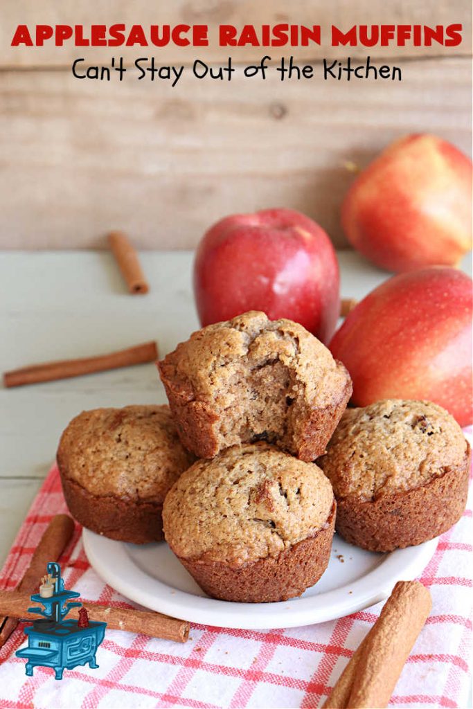 Applesauce Raisin Muffins | Can't Stay Out of the Kitchen | these lovely #muffins are filled with #applesauce, #raisins, #cinnamon & #allspice to give them flavor. Every bite is heavenly. Great for a weekend, company or #holiday #breakfast or #brunch. #apples #ApplesauceRaisinMuffins