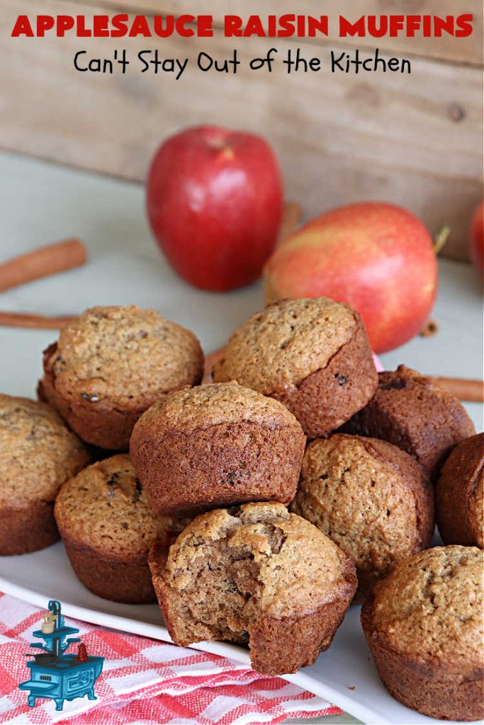 Applesauce Raisin Muffins | Can't Stay Out of the Kitchen | these lovely #muffins are filled with #applesauce, #raisins, #cinnamon & #allspice to give them flavor. Every bite is heavenly. Great for a weekend, company or #holiday #breakfast or #brunch. #apples #ApplesauceRaisinMuffins