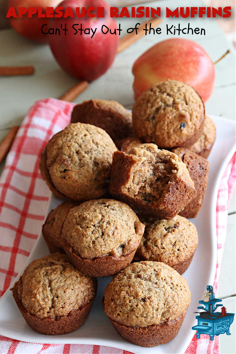 Applesauce Raisin Muffins | Can't Stay Out of the Kitchen | these lovely #muffins are filled with #applesauce, #raisins, #cinnamon & #allspice to give them flavor. Every bite is heavenly. Great for a weekend, company or #holiday #breakfast or #brunch. #apples #ApplesauceRaisinMuffins