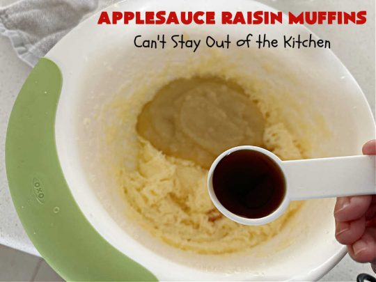 Applesauce Raisin Muffins | Can't Stay Out of the Kitchen | these lovely #muffins are filled with #applesauce, #raisins, #cinnamon & #allspice to give them flavor. Every bite is heavenly. Great for a weekend, company or #holiday #breakfast or #brunch. #apples #ApplesauceRaisinMuffins