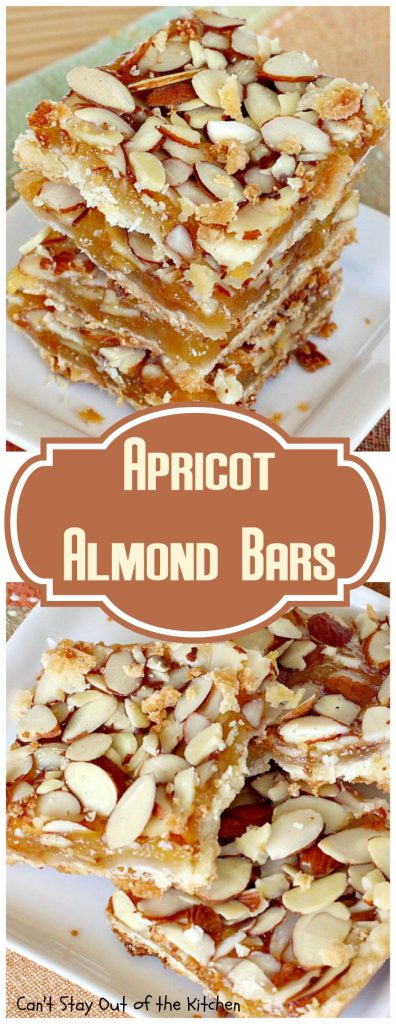 Apricot Almond Bars | Can't Stay Out of the Kitchen | these #cookie bars are fantastic. #Apricot preserves are layered on a shortbread crust and sprinkled with #almonds. We love to make these for the #holidays. #dessert