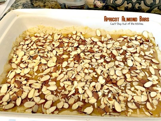 Apricot Almond Bars | Can't Stay Out of the Kitchen | these #cookie bars are fantastic. #Apricot preserves are layered on a shortbread crust and sprinkled with #almonds. We love to make these for the #holidays. #dessert