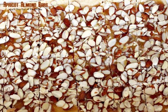 Apricot Almond Bars | Can't Stay Out of the Kitchen | these #cookie bars are fantastic. #Apricot preserves are layered on a shortbread crust and sprinkled with #almonds. We love to make these for the #holidays. #dessert