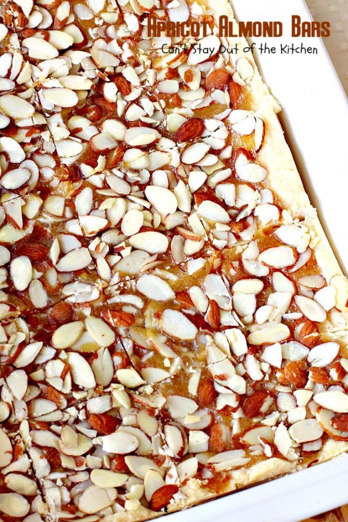 Apricot Almond Bars | Can't Stay Out of the Kitchen | these #cookie bars are fantastic. #Apricot preserves are layered on a shortbread crust and sprinkled with #almonds. We love to make these for the #holidays. #dessert