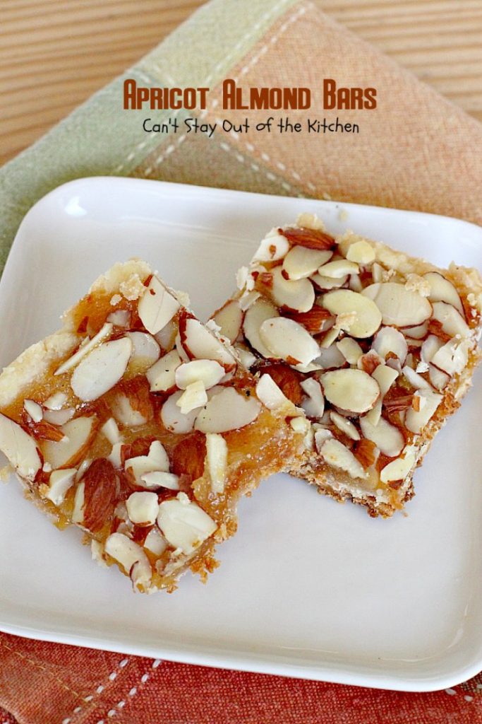 Apricot Almond Bars | Can't Stay Out of the Kitchen | these #cookie bars are fantastic. #Apricot preserves are layered on a shortbread crust and sprinkled with #almonds. We love to make these for the #holidays. #dessert