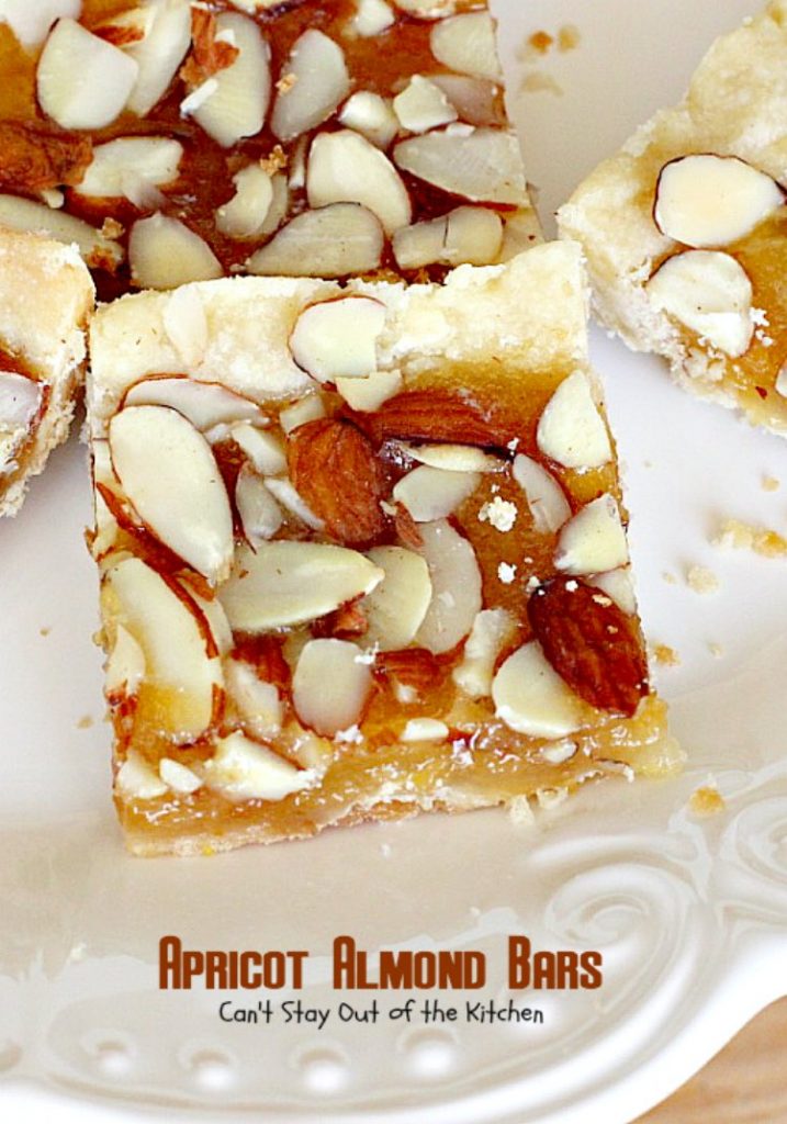 Apricot Almond Bars | Can't Stay Out of the Kitchen | these #cookie bars are fantastic. #Apricot preserves are layered on a shortbread crust and sprinkled with #almonds. We love to make these for the #holidays. #dessert