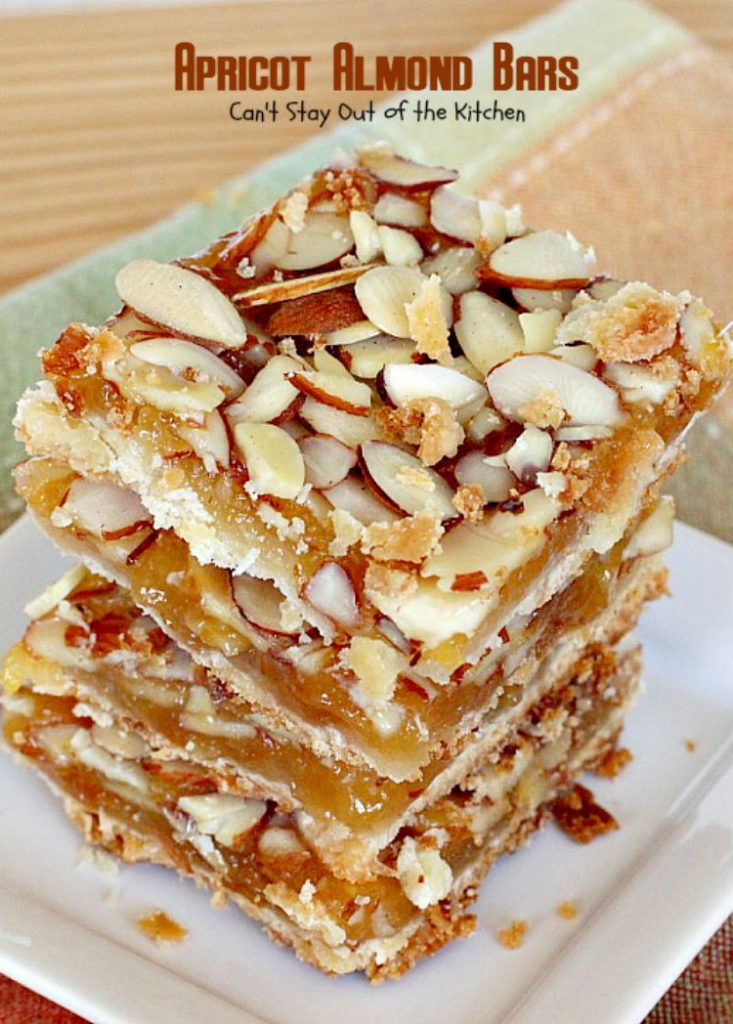 Apricot Almond Bars | Can't Stay Out of the Kitchen | these #cookie bars are fantastic. #Apricot preserves are layered on a shortbread crust and sprinkled with #almonds. We love to make these for the #holidays. #dessert