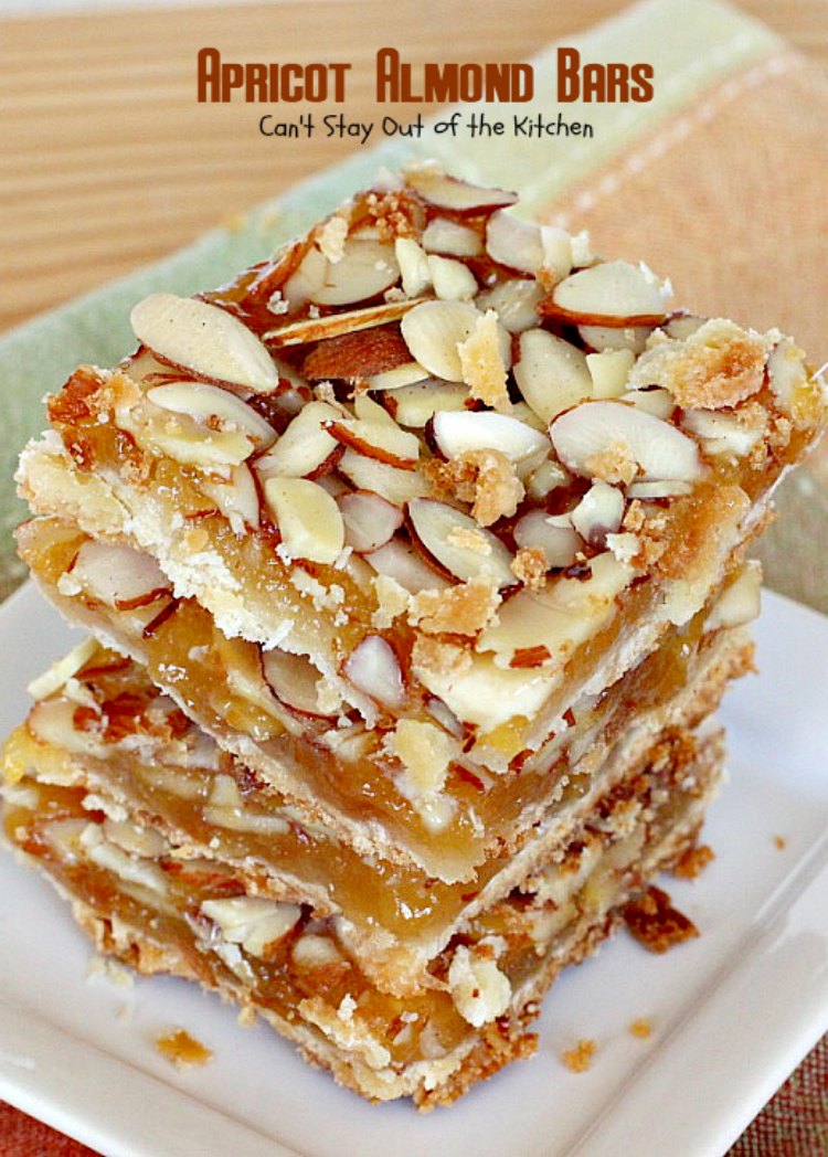 Apricot Almond Bars | Can't Stay Out of the Kitchen | these #cookie bars are fantastic. #Apricot preserves are layered on a shortbread crust and sprinkled with #almonds. We love to make these for the #holidays. #dessert