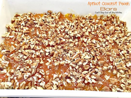 Apricot Coconut Pecan Bars | Can't Stay Out of the Kitchen | exquisite and heavenly #dessert with a #coconut shorbread crust, #apricotpreserves, #pecans & streusel topping. #cookie #apricots