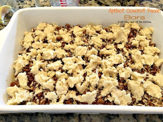 Apricot Coconut Pecan Bars | Can't Stay Out of the Kitchen | exquisite and heavenly #dessert with a #coconut shorbread crust, #apricotpreserves, #pecans & streusel topping. #cookie #apricots