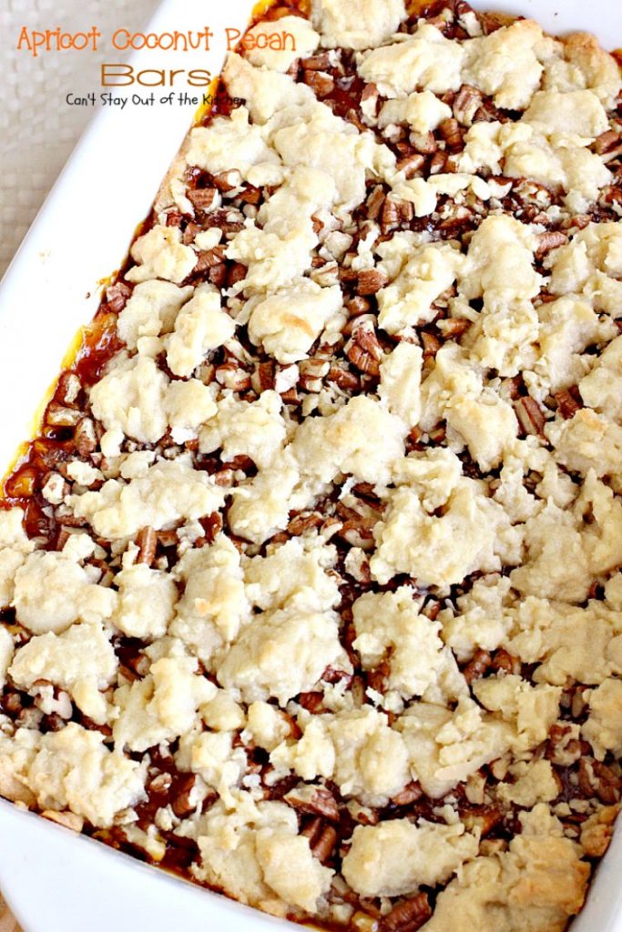 Apricot Coconut Pecan Bars | Can't Stay Out of the Kitchen | exquisite and heavenly #dessert with a #coconut shorbread crust, #apricotpreserves, #pecans & streusel topping. #cookie #apricots