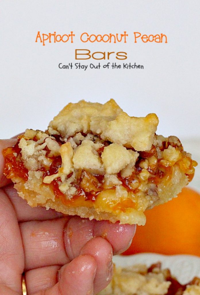 Apricot Coconut Pecan Bars | Can't Stay Out of the Kitchen | exquisite and heavenly #dessert with a #coconut shorbread crust, #apricotpreserves, #pecans & streusel topping. #cookie #apricots