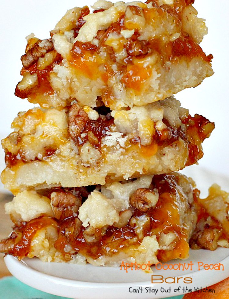 Apricot Coconut Pecan Bars | Can't Stay Out of the Kitchen | exquisite and heavenly #dessert with a #coconut shorbread crust, #apricotpreserves, #pecans & streusel topping. #cookie #apricots