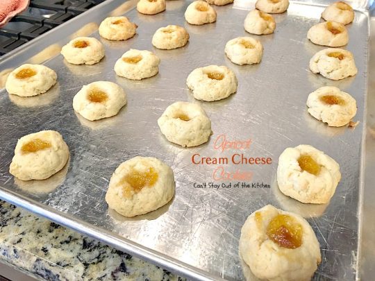 Apricot Cream Cheese Cookies | Can't Stay Out of the Kitchen | these are some of our favorite #christmas #cookies. These thumbprint cookies have #apricot preserves in the center. #dessert