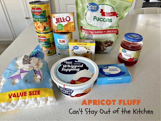 Apricot Fluff | Can't Stay Out of the Kitchen | this festive & elegant fluff-type #FruitSalad is made with #CreamCheese #VanillaPudding, #apricots, #pineapple, #marshmallows, #CoolWhip & #ApricotJello. It's a terrific #salad for company or #holiday dinners, potlucks, backyard BBQs or an family get-together. #ApricotFluff #GlutenFree