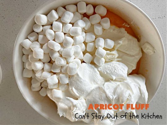 Apricot Fluff | Can't Stay Out of the Kitchen | this festive & elegant fluff-type #FruitSalad is made with #CreamCheese #VanillaPudding, #apricots, #pineapple, #marshmallows, #CoolWhip & #ApricotJello. It's a terrific #salad for company or #holiday dinners, potlucks, backyard BBQs or an family get-together. #ApricotFluff #GlutenFree