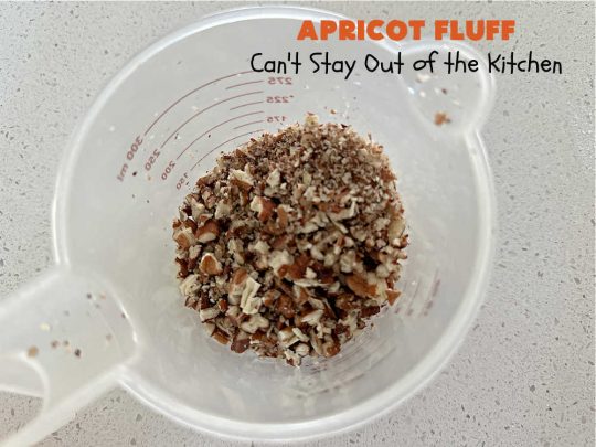 Apricot Fluff | Can't Stay Out of the Kitchen | this festive & elegant fluff-type #FruitSalad is made with #CreamCheese #VanillaPudding, #apricots, #pineapple, #marshmallows, #CoolWhip & #ApricotJello. It's a terrific #salad for company or #holiday dinners, potlucks, backyard BBQs or an family get-together. #ApricotFluff #GlutenFree