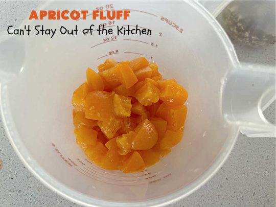 Apricot Fluff | Can't Stay Out of the Kitchen | this festive & elegant fluff-type #FruitSalad is made with #CreamCheese #VanillaPudding, #apricots, #pineapple, #marshmallows, #CoolWhip & #ApricotJello. It's a terrific #salad for company or #holiday dinners, potlucks, backyard BBQs or an family get-together. #ApricotFluff #GlutenFree