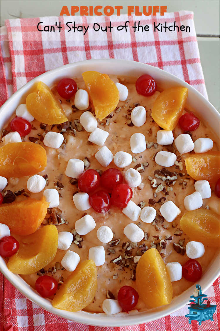 Apricot Fluff | Can't Stay Out of the Kitchen | this festive & elegant fluff-type #FruitSalad is made with #CreamCheese #VanillaPudding, #apricots, #pineapple, #marshmallows, #CoolWhip & #ApricotJello. It's a terrific #salad for company or #holiday dinners, potlucks, backyard BBQs or an family get-together. #ApricotFluff #GlutenFree