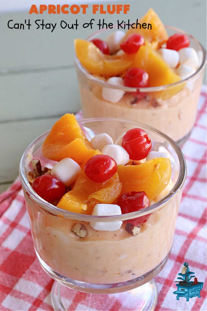 Apricot Fluff | Can't Stay Out of the Kitchen | this festive & elegant fluff-type #FruitSalad is made with #CreamCheese #VanillaPudding, #apricots, #pineapple, #marshmallows, #CoolWhip & #ApricotJello. It's a terrific #salad for company or #holiday dinners, potlucks, backyard BBQs or an family get-together. #ApricotFluff #GlutenFree
