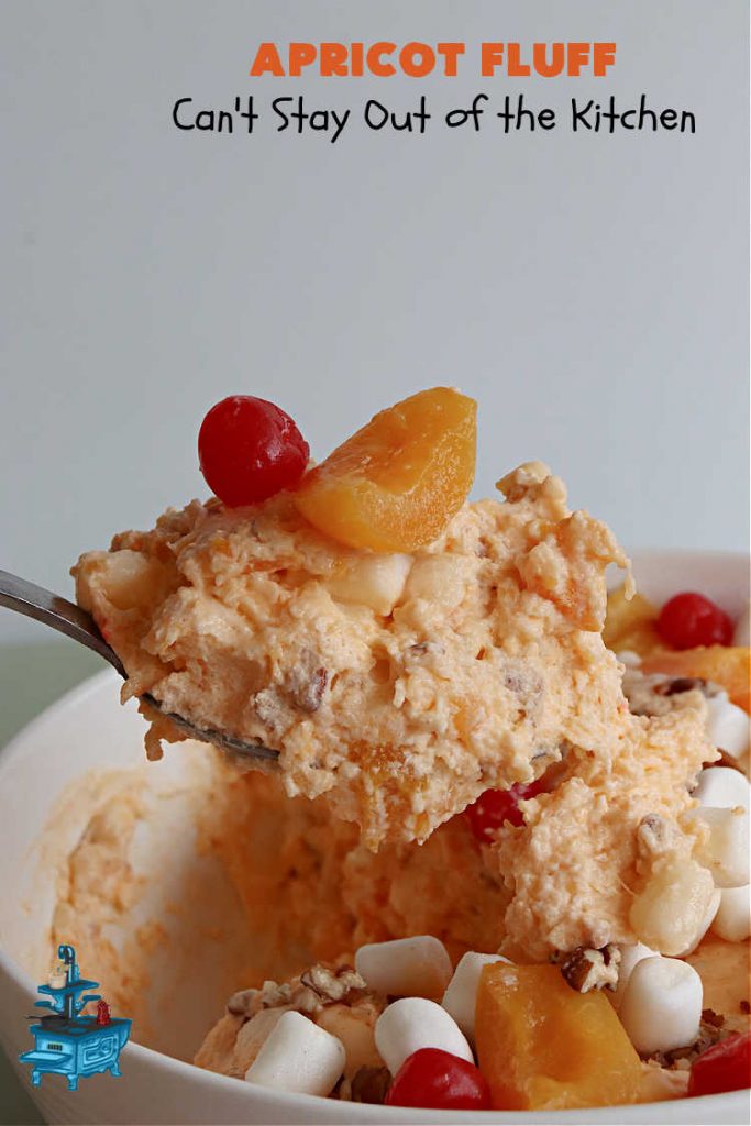 Apricot Fluff | Can't Stay Out of the Kitchen | this festive & elegant fluff-type #FruitSalad is made with #CreamCheese #VanillaPudding, #apricots, #pineapple, #marshmallows, #CoolWhip & #ApricotJello. It's a terrific #salad for company or #holiday dinners, potlucks, backyard BBQs or an family get-together. #ApricotFluff #GlutenFree
