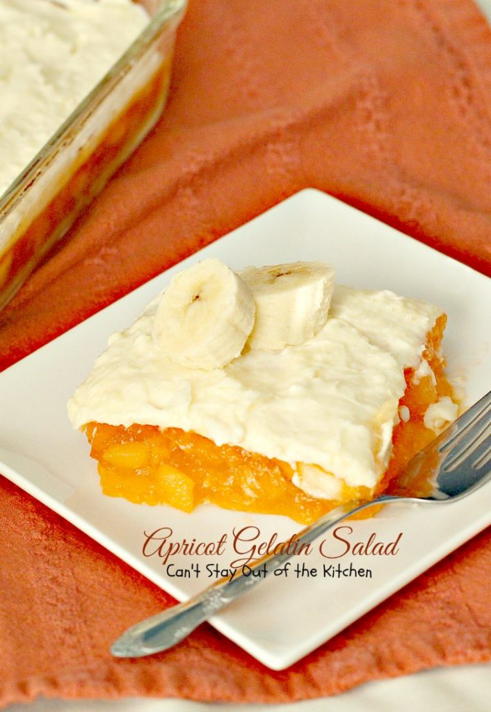 Apricot Gelatin Salad | Can't Stay Out of the Kitchen | this creamy #apricot #Jello #salad is one of our favorite summer salads. It's wonderful for #MemorialDay & other #holiday fun. #pineapple #bananas