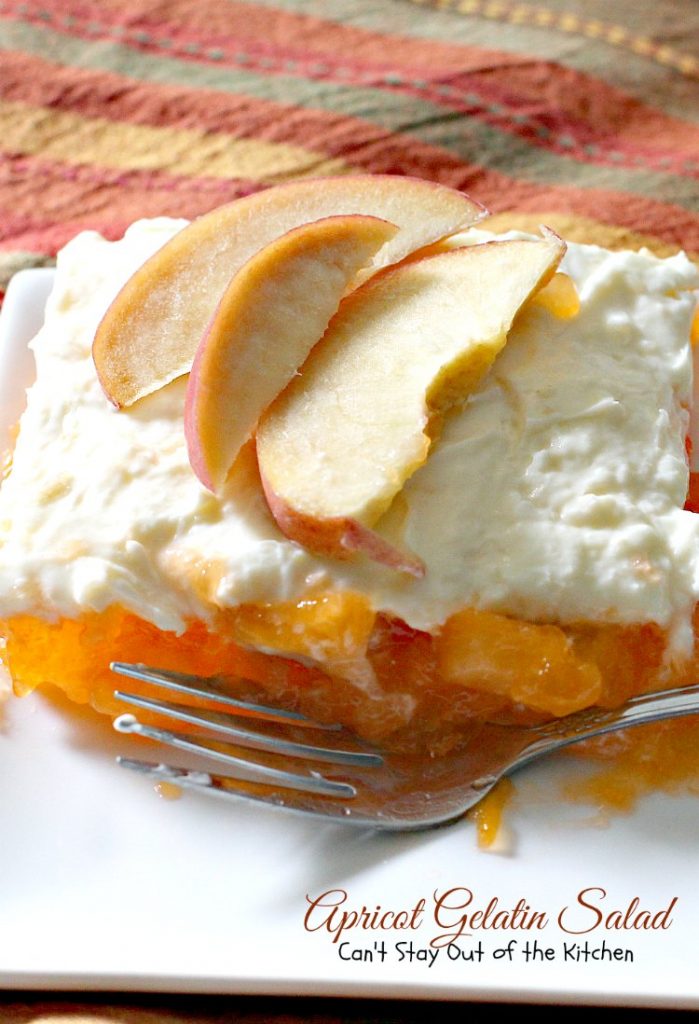 Apricot Gelatin Salad | Can't Stay Out of the Kitchen | this creamy #apricot #Jello #salad is one of our favorite summer salads. It's wonderful for #MemorialDay & other #holiday fun. #pineapple #bananas