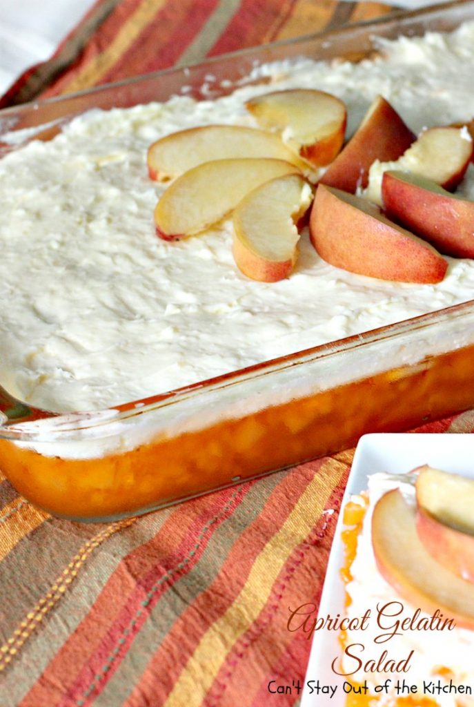 Apricot Gelatin Salad | Can't Stay Out of the Kitchen | this creamy #apricot #Jello #salad is one of our favorite summer salads. It's wonderful for #MemorialDay & other #holiday fun. #pineapple #bananas