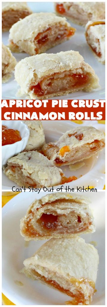 Apricot Pie Crust Cinnamon Rolls | Can't Stay Out of the Kitchen | these fantastic #CinnamonRolls are made with #PieCrust & #ApricotJam. They're really spectacular for a weekend, company or #holiday #breakfast. Every bite will have you drooling! #cinnamon #HolidayBreakfast #Christmas #NewYearsDay #ApricotPieCrustCinnamonRolls