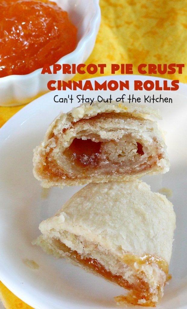 Apricot Pie Crust Cinnamon Rolls | Can't Stay Out of the Kitchen | these fantastic #CinnamonRolls are made with #PieCrust & #ApricotJam. They're really spectacular for a weekend, company or #holiday #breakfast. Every bite will have you drooling! #cinnamon #HolidayBreakfast #Christmas #NewYearsDay #ApricotPieCrustCinnamonRolls