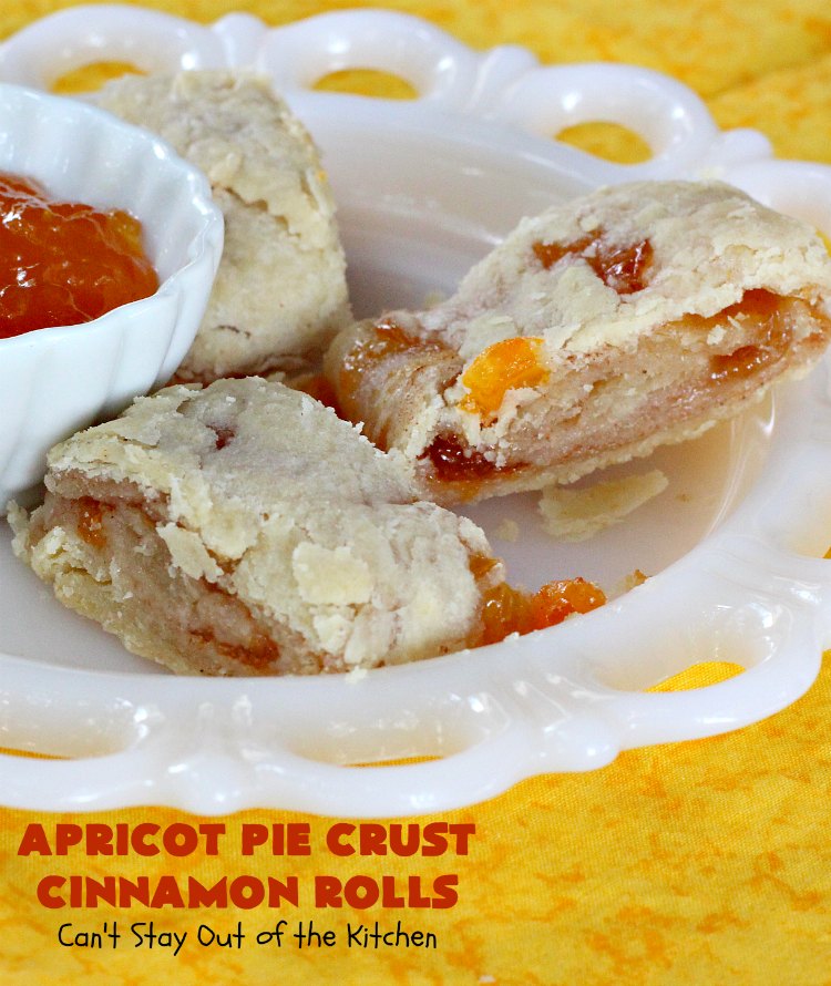Apricot Pie Crust Cinnamon Rolls | Can't Stay Out of the Kitchen | these fantastic #CinnamonRolls are made with #PieCrust & #ApricotJam. They're really spectacular for a weekend, company or #holiday #breakfast. Every bite will have you drooling! #cinnamon #HolidayBreakfast #Christmas #NewYearsDay #ApricotPieCrustCinnamonRolls